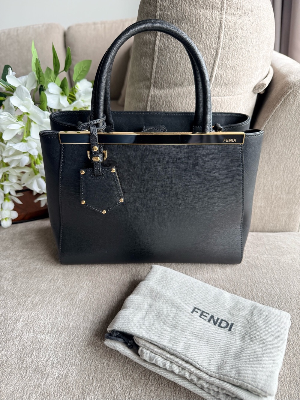 Fendi Black Saffiano Leather Petite 2Jours Top-Handle Satchel with Gold Trim